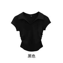 Camiseta Sexy de algodón para mujer, Top corto liso básico ajustado, Polo de manga corta, camiseta informal para mujer - Negro - Ver 1