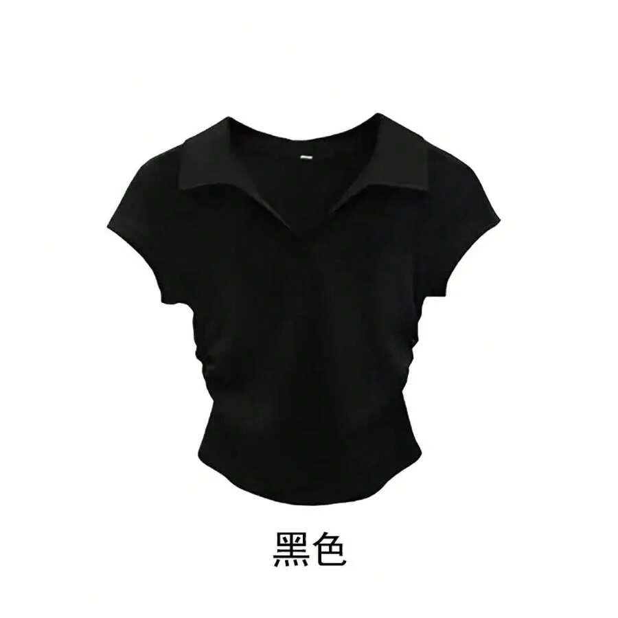 Camiseta Sexy de algodón para mujer, Top corto liso básico ajustado, Polo de manga corta, camiseta informal para mujer - Negro - Ver 1