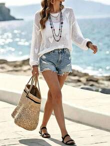 White Heart Jacquard Mesh Knit Hollow Out Long Sleeve Sun Protection Cover-Up Top, Summer Beach Vacation Casual Cover Up For Women - White - View 4