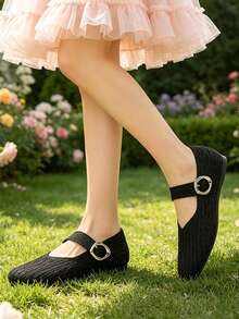 Giày búp bê Mary Jane nữ mũi vuông dệt kim, giày bệt lưới thoáng khí có quai cài khóa, giày ballet thường ngày thoải mái cho công việc hàng ngày - màu đen - Xem 3