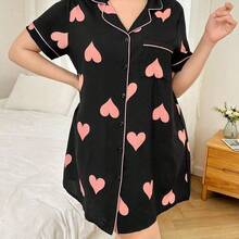 LunaCass8  Camisón de mujer talla grande con estampado de corazón en el cuello, detalles cómodos y elegantes, Camisón tipo "Moo Moo" - Negro01 - Ver 4