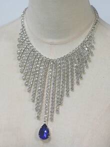 Multi-Layer Asymmetrical Rhinestone Necklace Bridal Wedding Jewelry Necklace Accessory - Blue - View 4