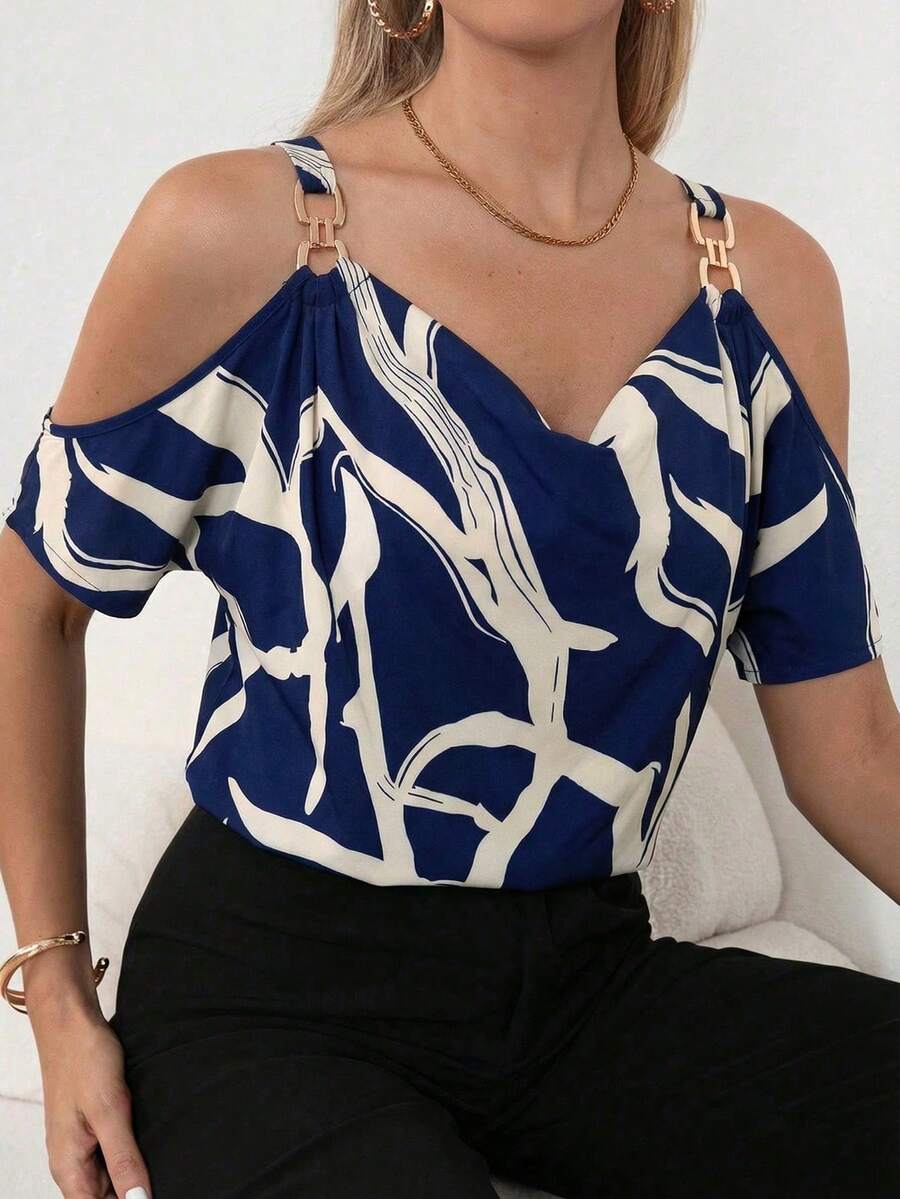 Clasi Blusa con estampado total, detalle de cadena en los hombros descubiertos, parte superior con hombros descubiertos - Azul - Ver 1