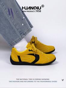 HUANQIU 2026新款男鞋，男士滑板鞋，一雙時尚、透氣且舒適，內增高2CM。繫帶設計適合居家與辦公使用。黃色鞋款輕盈舒適，採用繫帶結構。軟底運動鞋為休閒跑鞋，黑色競速鞋適合四季穿著 - 黃色 - 查看 5