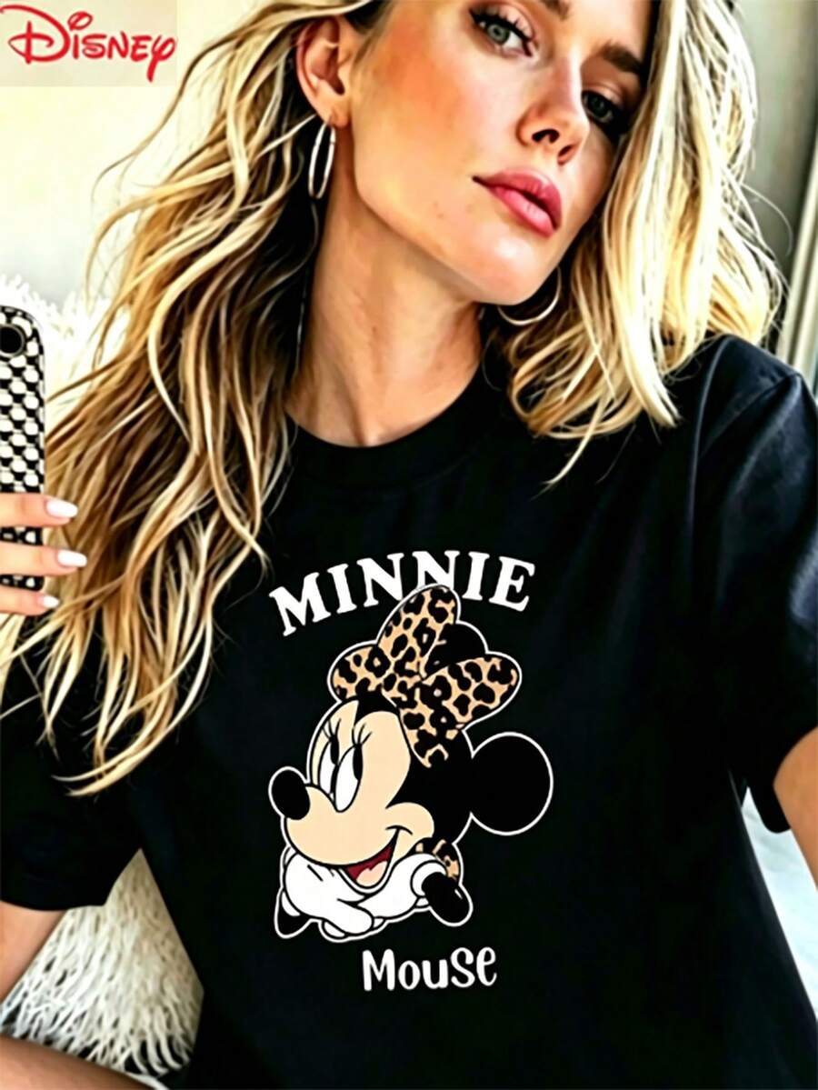 Disney Brand Summer T-Shirt Leisure Cotton Short-Sleeved Round Neck T-Shirt Minnie Mouse Is One Of Disney's Most Representative Classic Cartoon Characters. Summer Women's Wear, A Medium Stretch Fabric With A Regular Length, Combines Beauty And Wisdom, And Is Suitable For Ladies' Tops In Disneyland. - 黑色 - 查看 1