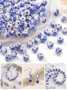 8-12mm 藍白花紋陶瓷圓珠帶孔，珠飾隔珠，手工 DIY 珠串材料與配件 - 陶瓷珠 - 查看 7