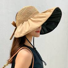 1pc New Style Women's Summer Japanese UV Protection Sun Hat, Anti-Ultraviolet Black Coated Open Top Wide Brim Beach Sun Hat - Multicolor - View 12
