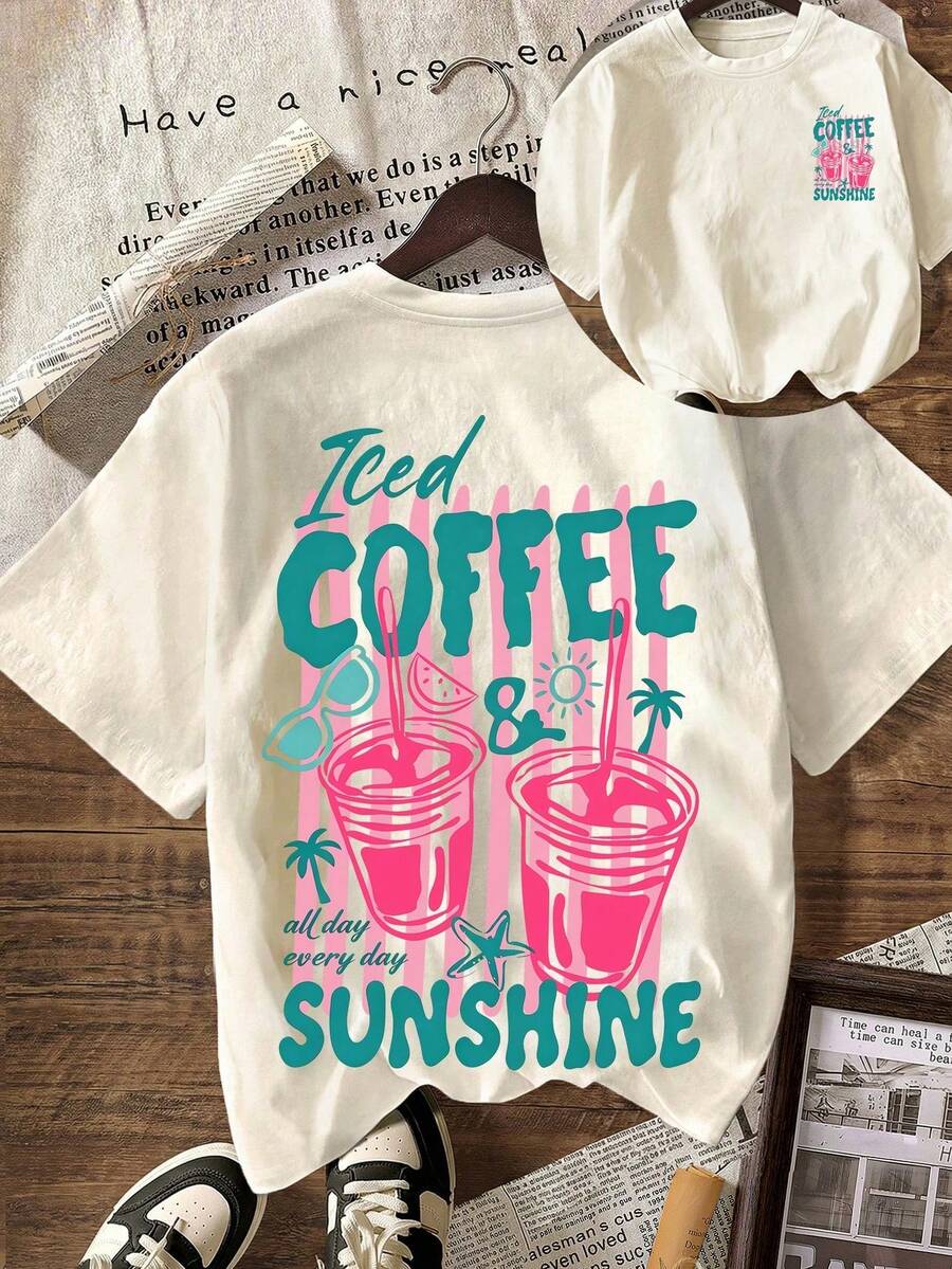 Minimalist. 100% Cotton. "1paIced Coffee And Sunshine" Graphic T-Shirt, 90s Retro Style, Casual Summer, Crew Neck, Short Sleeve, For Women. Spring/Summer Top. - 白色 - 查看 1