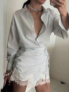Light Blue Striped Shirt & Lace Trim Wrap Skort 2-Piece Set, Casual Preppy Co-Ord For Women - 藍色 - 查看 1