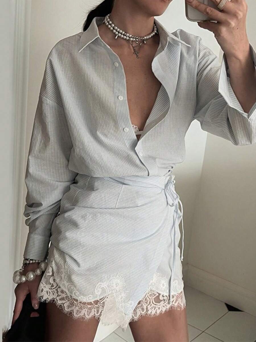 Light Blue Striped Shirt & Lace Trim Wrap Skort 2-Piece Set, Casual Preppy Co-Ord For Women - 藍色 - 查看 1