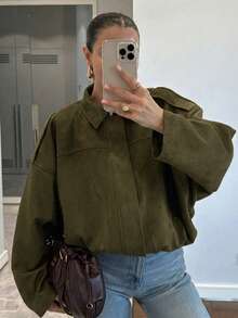 優雅純綠色女款 Y2K 飛行員夾克，前襟壓扣設計，拉鍊口袋，輕量四季穿搭，適合夏季/秋季，海灘/婚禮/開學季 - 軍綠色 - 查看 8