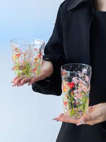 1個復古花卉玻璃馬克杯，復古盛開高美感Ins風冷萃玻璃杯，可愛女性水杯，適用於冰美式咖啡、果汁、各種茶飲、日常水杯、辦公室、商業用途 - 彩色 - 查看 9