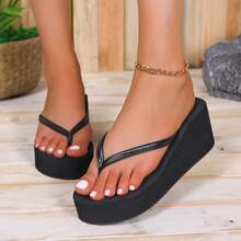 Chunky Platform Wedge Flip Flops For Women, Classic Solid Color Thick Sole Sandals, Lightweight Comfortable Wedge Shoes - 黑色 - 查看 4