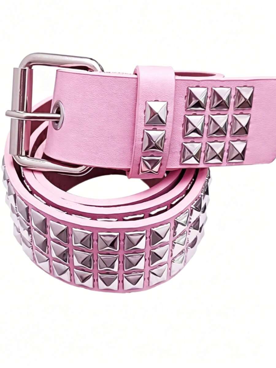 Cinturón decorativo de cintura estilo punk europeo y americano con hebilla de remaches rosa y diseño hip-hop - Rosa - Ver 1