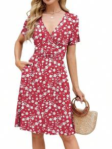 Womens Summer Dresses For Women 2026 Spring Floral Sundress Short Sleeve V Neck Wrap Dress With Pockets Festival Outfits Elegant Dress For Women Dress For Women - 05 酒紅色花香 - 查看 1