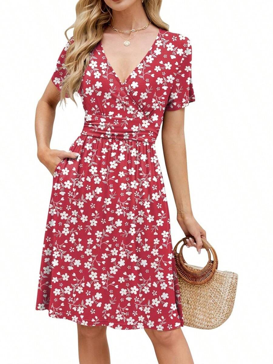 Womens Summer Dresses For Women 2026 Spring Floral Sundress Short Sleeve V Neck Wrap Dress With Pockets Festival Outfits Elegant Dress For Women Dress For Women - 05 酒紅色花香 - 查看 1