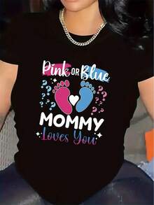 Adorable Women's Summer Short Sleeve T-Shirt With Pink Or Blue Footprint Print And The Phrase "Mommy Loves You" - 黑色 - 查看 3