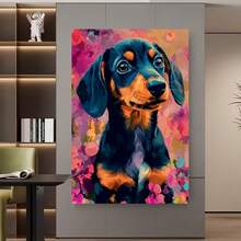 Enmarcado 1 lienzo enmarcado para pared - Cachorro de perro salchicha con flores vibrantes, póster vertical artístico para decoración del hogar, oficina o dormitorio, decoración de primavera para interiores y exteriores, regalo para el Día de la Madre, Pascua o graduación, decoración para perros, obra de arte de colores vivos | Marco decorativo - Enmarcado - Ver 3