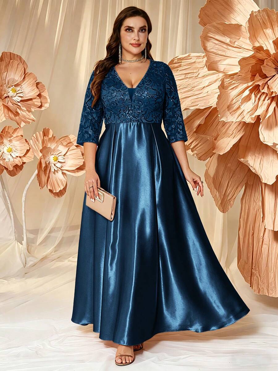 XUIBOL Đầm dạ hội nữ size lớn, chân váy xòe satin, áo cổ chữ V đính sequin, tay lỡ 3/4, phù hợp cho đám cưới và các sự kiện trang trọng