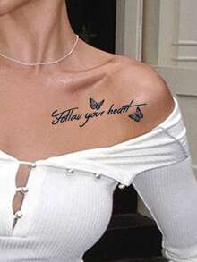 1 pieza Pegatina de tatuaje con patrón de mariposa y frase corta en inglés "Follow Your Heart" de estilo herbal, diseño de tatuaje realista, adecuado para viajes, festivales de música, juegos, regalos de graduación, para 7-14 días - Negro - Ver 3