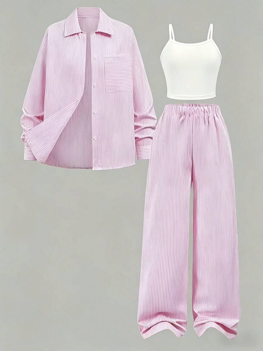 Teen Girls 3pcs Fashion Shirt & Pants Set, Striped Shirt, Suitable For Spring/Autumn Young Girls Outfit - Pink - View 1