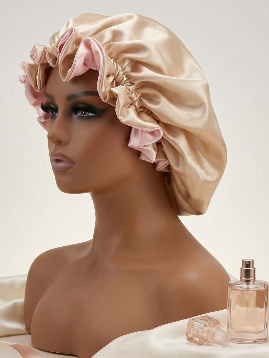 1 pieza Gorro de dormir de satén de doble capa, gorro de cabello reversible y sedoso para cabello rizado, gorro de noche suave para el cuidado del cabello, banda elástica ajustable, accesorios para el cabello de mujer - Rosa - Ver 1