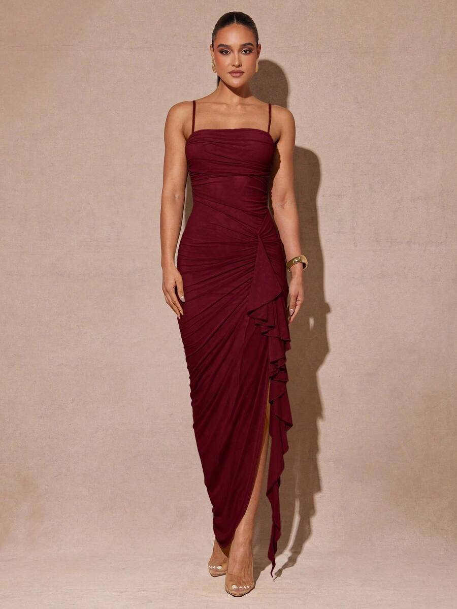 XheSilquee Elegant Sage Green Dress With Romantic Ruffles, High Slit, And Fitted Lace Party Dress, Suitable For Valentine's Day, Dates, Weddings, Prom - Bordeaux - View 1