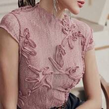 Blusa elegante de mujer con cuello de pico de encaje floral rosa y mangas cortas transparentes - Rosa vieja - Ver 2