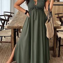 guang zhou mi qian shang mao Weeklong Vestido casual de talla grande de unicolor con cuello en V y mangas cortas, de estilo minimalista - verde militar - Ver 5