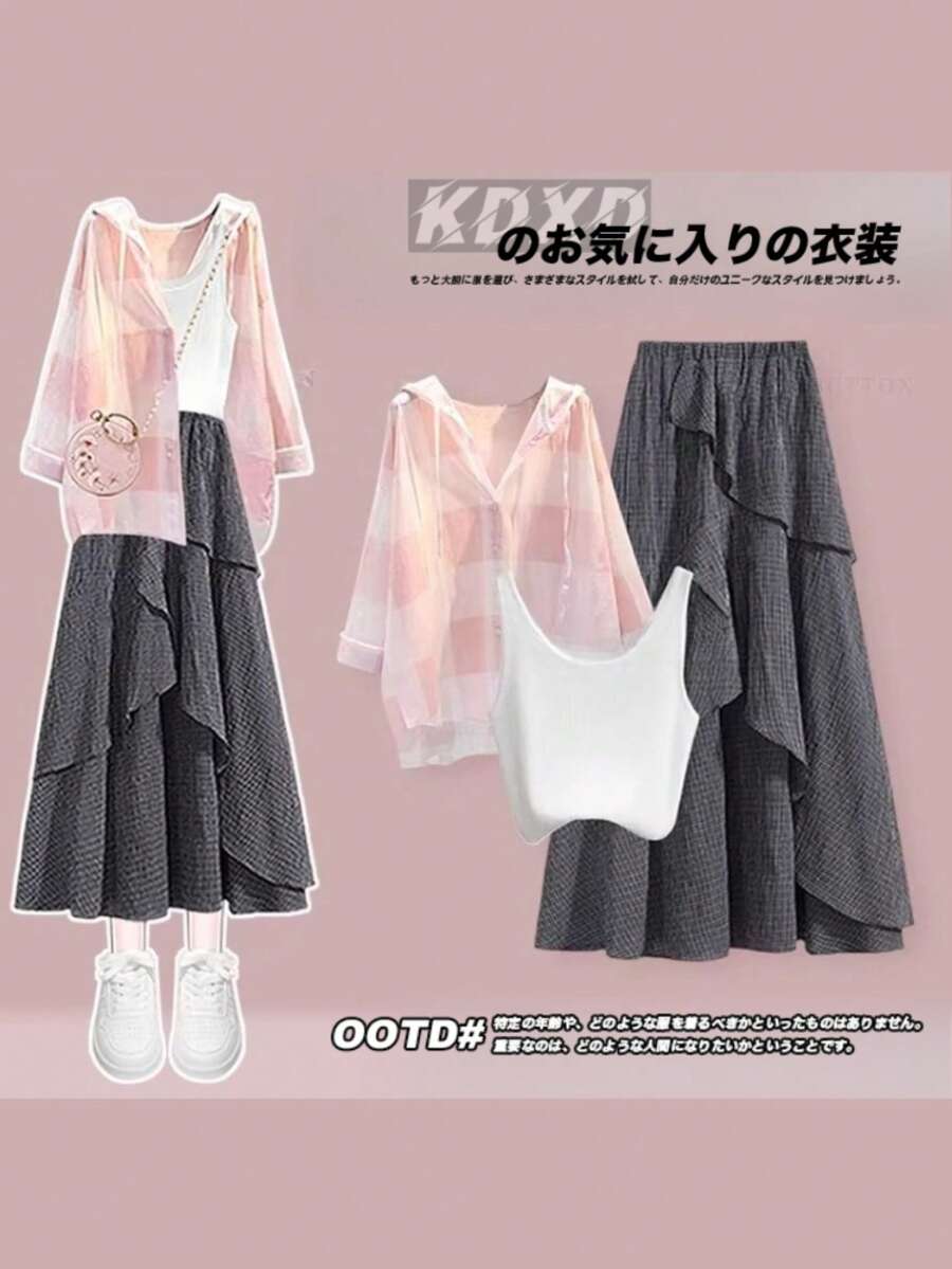 Women Two-Piece Outfits - Pink Shirt + White Vest + Black Skirt - View 1