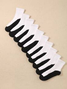 10 Pairs Random Color Children's Mid-Calf Socks, Black & White Color Block Mid-Calf Socks, Pure White Basic Casual Socks, Back To School Shoes & Socks - Multicolor - View 4