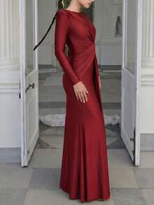 Pink Long Sleeve Pleated Long Dress, Autumn/Winter Spring Elegant Red - Red - View 2