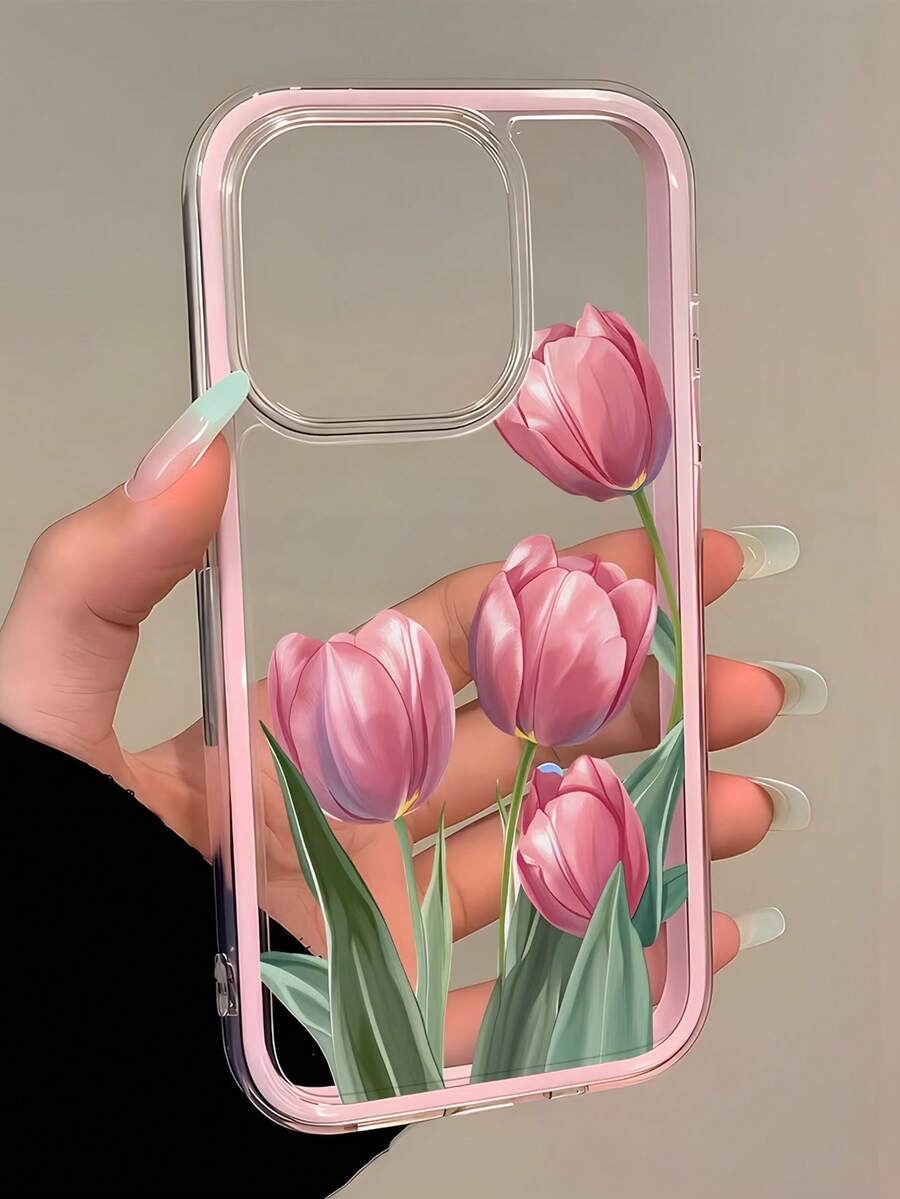 1個透明手機殼配粉色邊框,鬱金香圖案,防震防刮,適用於 iPhone 16 Pro Max、17/16/15/14 Plus、13/12/11、Air 系列 - 彩色 - 查看 1