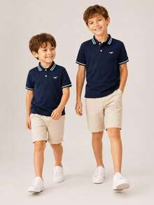 Áo polo cổ điển phối màu tương phản cho bé trai tuổi teen, thêu hình chim hải âu, đơn giản và đa năng, phù hợp cho mùa xuân/hè, đi học, mặc thường ngày, đi nghỉ mát và hoạt động ngoài trời. - Xanh đậm - Xem 3