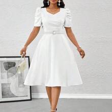 dagjydgfyja  Lady Vestido elegante de mujer con cuello de corazón, mangas cortas con pétalos y parches florales - Púrpura malva - Ver 7
