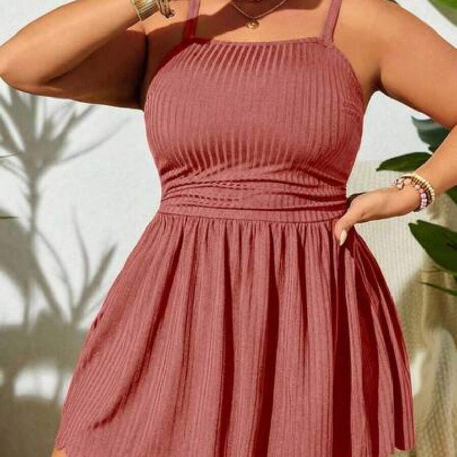 guangzhougaolangshangmao Swim Lushoire Vestido de baño de talla grande con tirantes finos sólido de verano con dobladillo de concha y bikini inferior, adecuado para usar en la piscina - Rosa coral - Ver 1