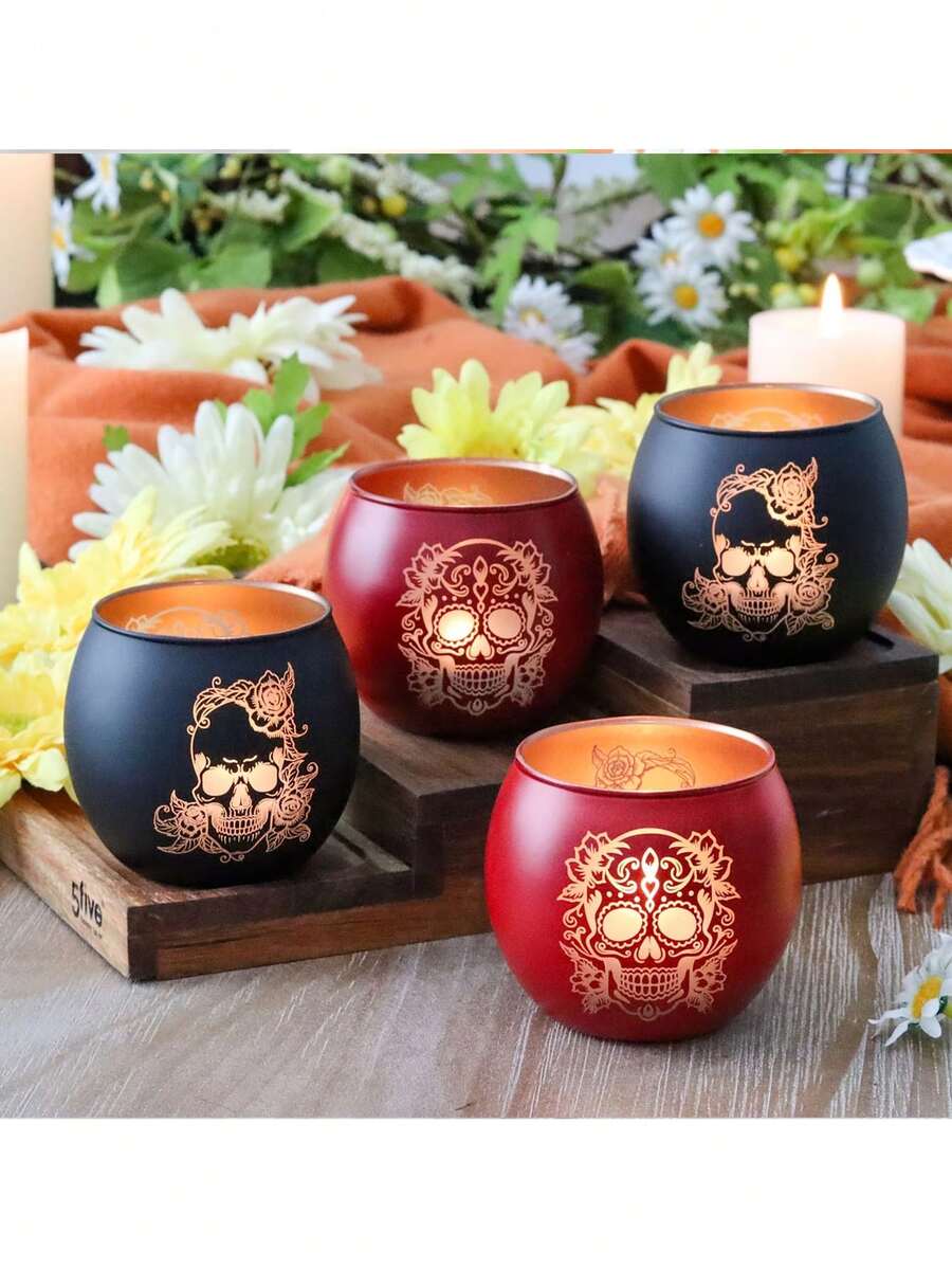 1 pièce Bougeoir en verre avec imprimé de crâne gothique, décoration de bougie chauffe-plat, design vibrant du Jour des Morts mexicain, motif floral, décoration d'ambiance de fête d'Halloween vintage rouge et noire, ornement de décoration pour la maison du Jour des Morts, décoration de table de fête