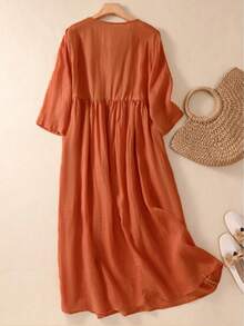 Vestido elegante de talla grande para mujer con cuello en V, bordado, cintura ceñida y media cremallera - Naranja - Ver 7