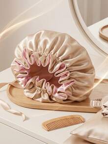 1 pieza Gorro de dormir de satén de doble capa, gorro de cabello reversible y sedoso para cabello rizado, gorro de noche suave para el cuidado del cabello, banda elástica ajustable, accesorios para el cabello de mujer - Rosa - Ver 3