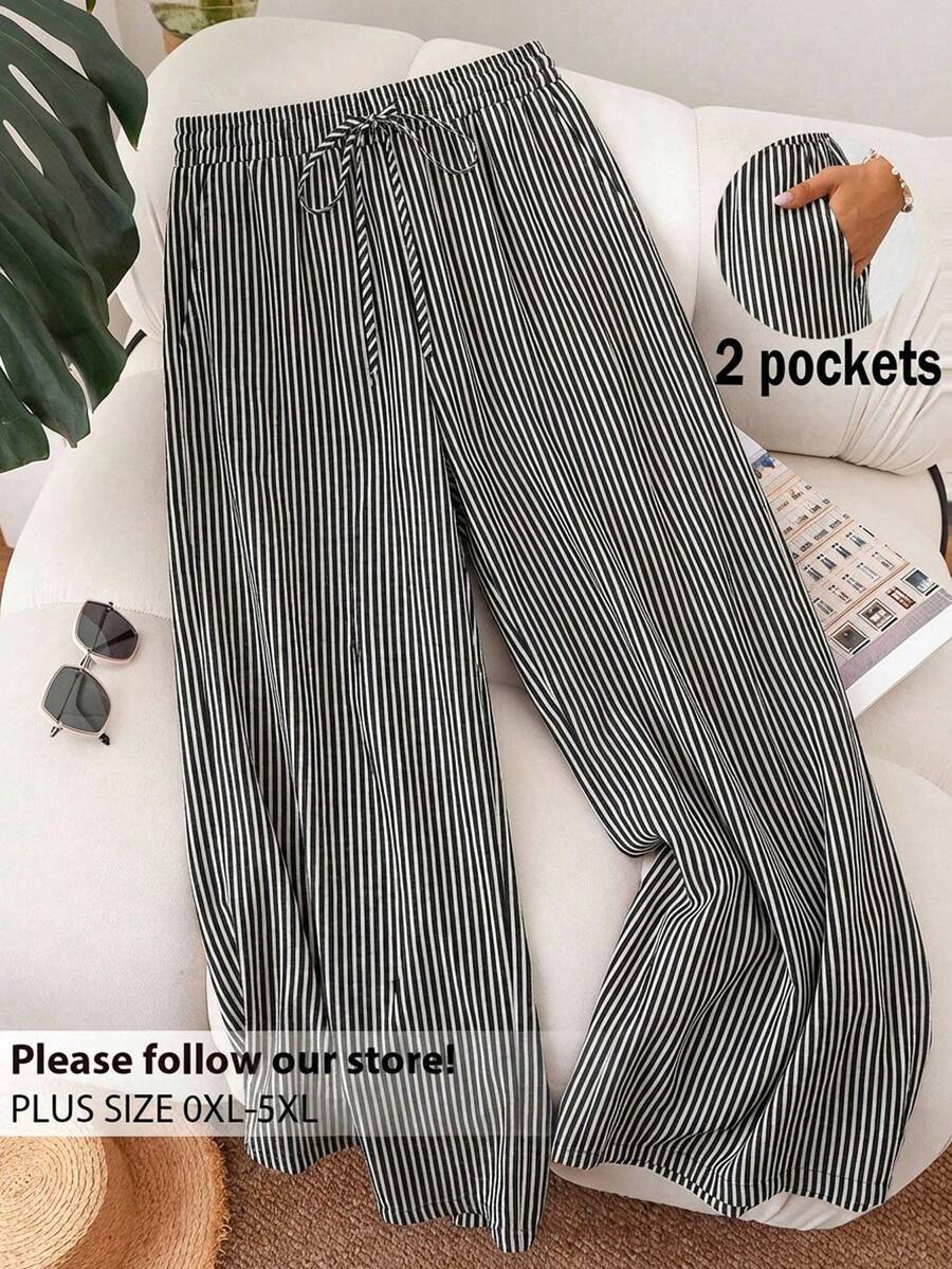 [Free Shipping]Plus Size Striped Heart Print Straight Leg Pants Women's Summer Pants Cute Pants For Woman Pants For Women Casual Wide Leg Pants Woman High Waist Women Pants - 黑白2 - 查看 1