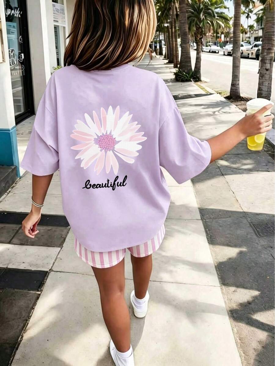 Tween Girls Floral Print Round Neck T-Shirt, Summer Top - Purple - View 1