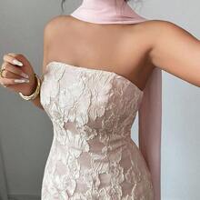 YijiaNvz  Vestido  con cintura ceñida, escote sin tirantes, cuello con lazo, de tela jacquard con estampado floral rosa y dorado, elegante y romántico, adecuado para citas, compras, festivales de música y talla grande, primavera/verano - Rosa - Ver 4