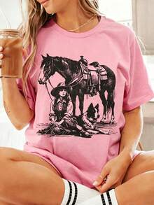 Women's Printed T-Shirt, 100% Cotton, Vintage Western Style With Cowgirl, Horse And Dog Print, Retro Country Style, Round Neck, Short Sleeve, Casual Summer. - 綠色 - 查看 4