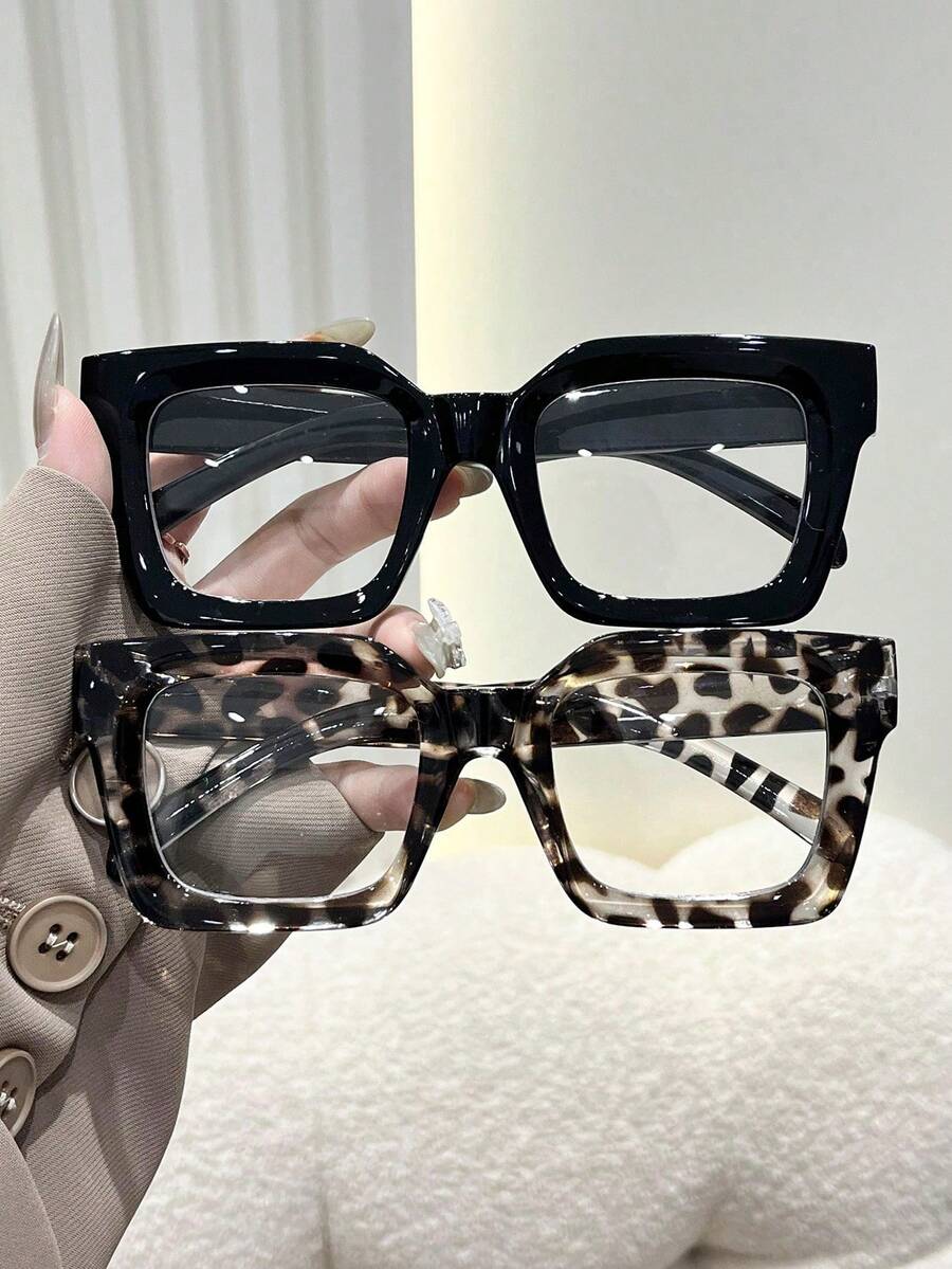 2 pares/1 par de gafas de mujer con montura ancha cuadrada de plástico con estampado de leopardo y lentes transparentes, monturas de moda versátiles, adecuadas para fotografía callejera, conducir, uso diario, regalos de vacaciones, temporada de regreso a la escuela y accesorios de moda futurista - transparente - Ver 1