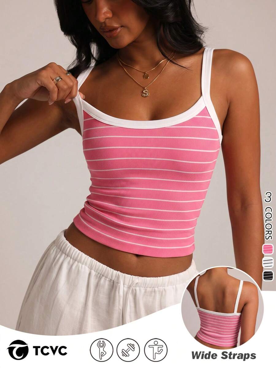 TCVC Women's Seamless Striped Ribbed Tank Top, Contrast Trim Wide Strap Scoop Neck Cropped Cami, For Casual Layering Y2K Vintage Wear Sports
