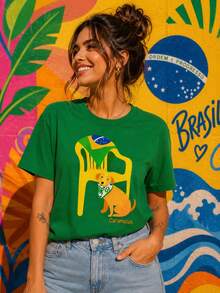 Women's T-Shirt Brazil Dog Caramel Fun Print - Green - View 1