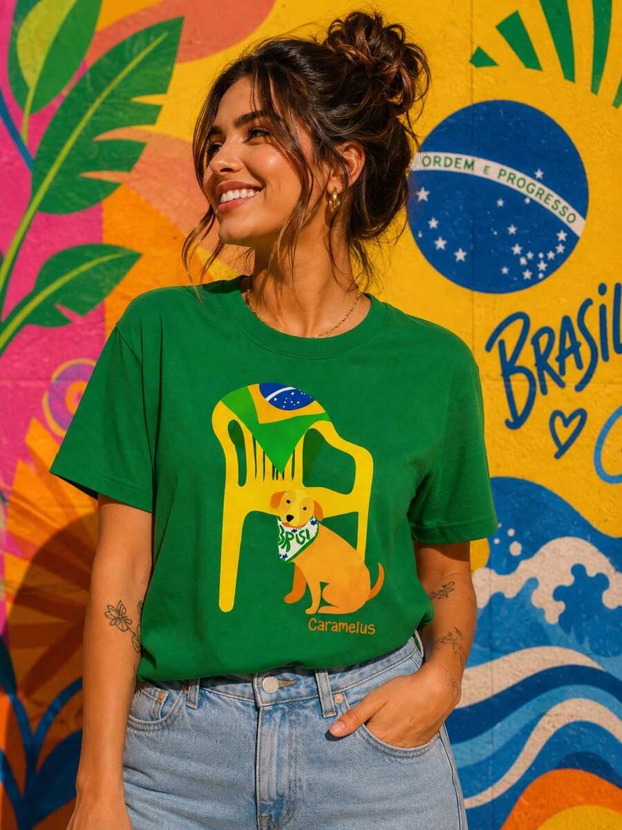 Women's T-Shirt Brazil Dog Caramel Fun Print - Green - View 1