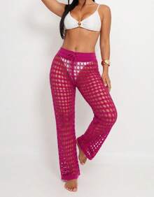 Knitted Beach Cover-Up Pants With Elastic Tie-Up Fishnet - Rose Red - View 3
