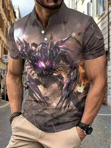 Unique Men's Polo Shirt Mecha Robot Graphic Print Cotton-Like Smooth-Feel Lightweight Short Sleeve Personalized Vibe - Black - View 1