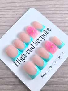 10Pcs Handmade Short French Press On Nails | Cute Summer 3D Pink Flower Nail Tips | Glossy Reusable False Nails | For Girls Summer Daily & Pool Party - 青碧色 - 查看 2